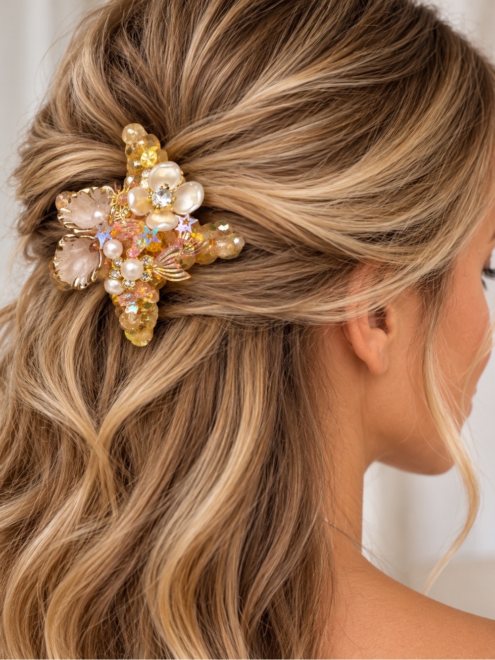 Mermaid Starfish Hair Pin Pearl Crystal Seashell Gold Coastal Hair Accessory